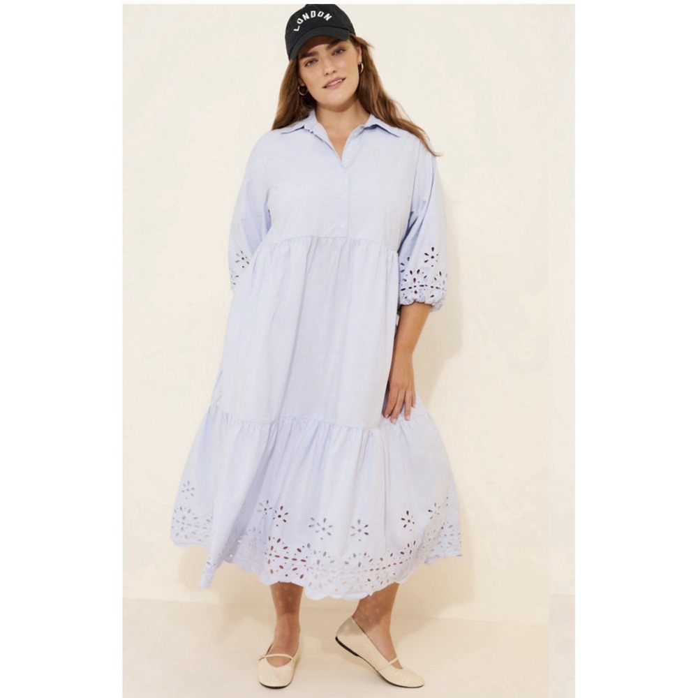 Anthropologie Light Blue Eyelet Midi Dress - Picture 4 of 16